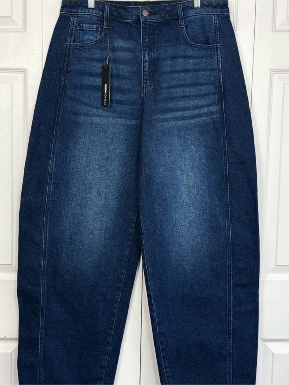NWT Fashion Nova Dark Wash Denim Called Out Low Stretch Barrel Jeans 15